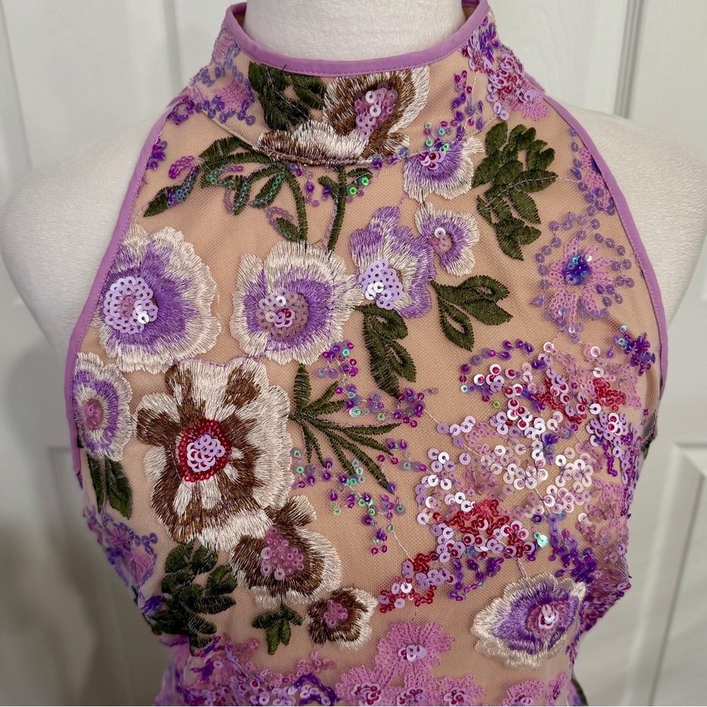 Sam Edelman Lavender Floral Lace Sequin High Neck Dress Small Formal Cocktail - Picture 3 of 16